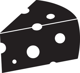 A stark black silhouette of a wedge of swiss cheese with its characteristic holes isolated on a white background representing a simple and iconic food illustration