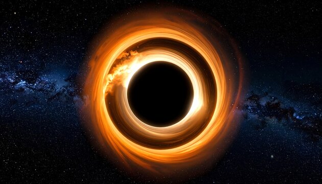 Simulation of a black hole with glowing accretion disk against a star field in space - Powered by Adobe