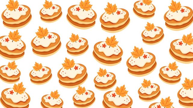 A seamless pattern of autumn-themed cookies decorated with creamy icing and maple leaves. Warm seasonal colors create a cozy fall atmosphere, perfect for bakery branding, packaging, and festive season
