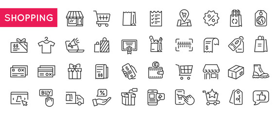 Obraz premium Shopping icons. Large set of shopping trendy minimal icons. Cart, Bag, Tag, Discount, Gift, Credit, Delivery icon. Design signs for web page, mobile app, packaging design. Vector illustration