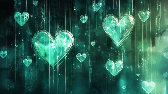 Shimmering emerald green crystal hearts floating in a dark, watery abyss with glowing streaks of light