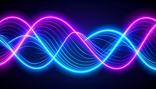 Sinuous neon lines glow in waves, shifting from magenta to cyan against a dark background, suggesting light and energy