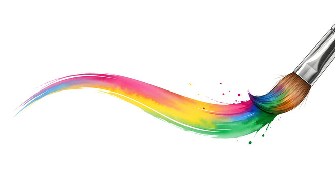 Vibrant and flowing paint stroke in rainbow colors created by an artist's brush, symbolizing creativity, artistic expression, and colorful design