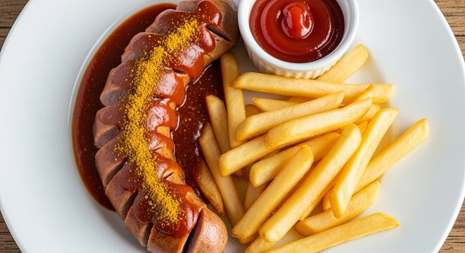Delicious Currywurst with Fries, Ketchup, and Mustard on White Plate