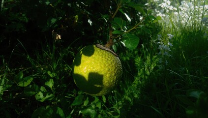 Sunlit silhouette of a developing fruit encased in green skin amidst lush foliage