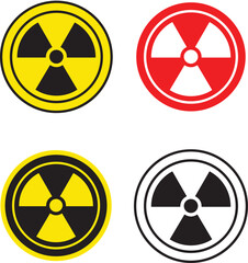 Four distinct radiation warning symbols in yellow black red and white outlines representing nuclear hazard danger and atomic energy safety alerts