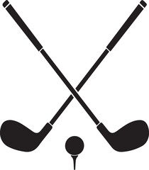 Two crossed golf clubs and a golf ball on a tee create a classic silhouette representing the sport of golf and its equipment