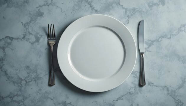 Elegant white plate set with gleaming fork and knife on a sophisticated marble surface ready for a gourmet dining experience.