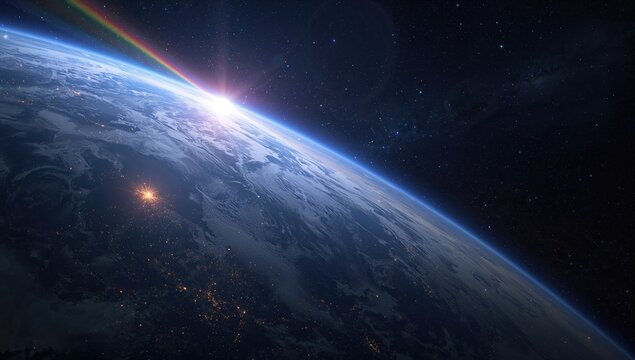A view of Earth from above, surrounded by countless stars and vibrant rainbows, showcasing the beauty of our planet