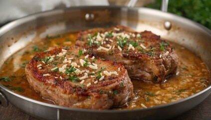 Boneless pork chops in herb-infused creamy sauce close-up in a skillet, protein-rich meal