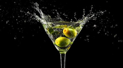 green olive splashes into the water in glass isolated on black  background 