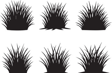 Six distinct black silhouettes of dense tufts of wild grass or reeds isolated on a white background representing natural elements