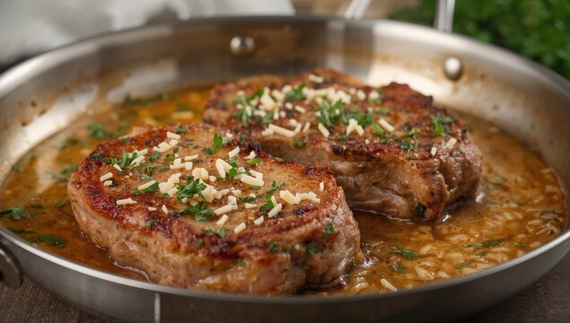Boneless pork chops in herb-infused creamy sauce close-up in a skillet, protein-rich meal - Powered by Adobe