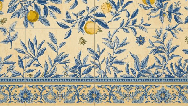 Hand-drawn yellow and blue printed texture with olive branch ornament and lemon, vintage wallpaper design