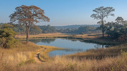 A serene lakeside vista framed by trees, a path winds through golden grasses