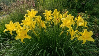 Obraz premium Happy Returns Daylily, a reblooming perennial with lush green leaves and abundant flowers, ideal for garden landscapes