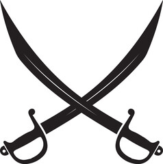 Two antique crossed sabers or cutlasses in a dramatic black and white illustration on a plain white background symbolizing adventure and danger