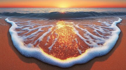 Sunrise over gentle waves lapping on a sandy shore; light reflects and sparkles