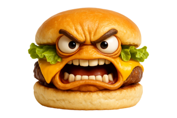 Angry Cheeseburger Character Isolated on a Transparent Background