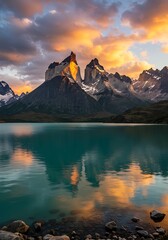 Majestic sunrise over the iconic Cuernos del Paine mountains in Torres del Paine National Park Patagonia.