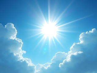 Radiant Sun at Zenith with Glowing White Flares in Blue Sky