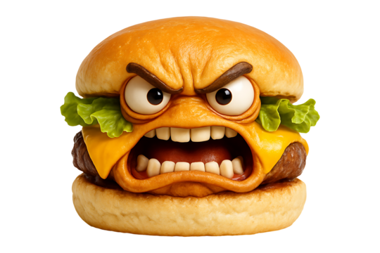 Angry Cheeseburger Character Isolated on a Transparent Background