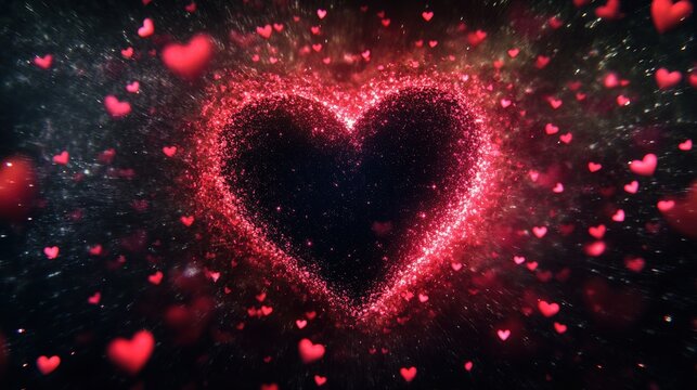 A glowing red heart made of sparkling particles with smaller hearts floating around it on a dark background, symbolizing love and romance - Powered by Adobe