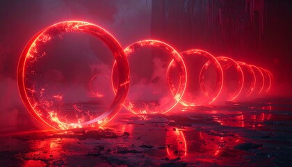 Row of red glowing circles diminishing into the distance on a wet, reflective, and shadowed surface with mist