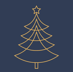 Christmas tree with star gold line shape on blue dark background. Vector illustration.