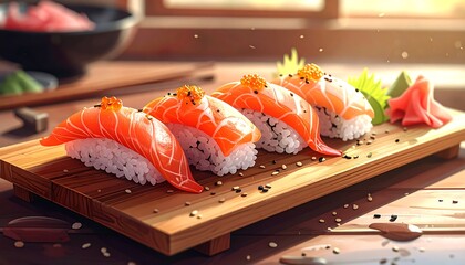 Row of salmon nigiri on a wooden board, illuminated by sunlight. Elegant presentation of sushi on warm wood surface