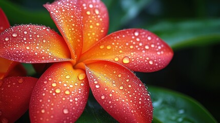 A close-up of a vibrant, water-droplet-covered flower against lush green foliage