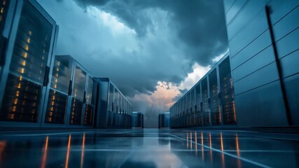 Vast server room with rows of glowing racks under a dramatic stormy sky, symbolizing powerful cloud computing and data infrastructure. - Powered by Adobe