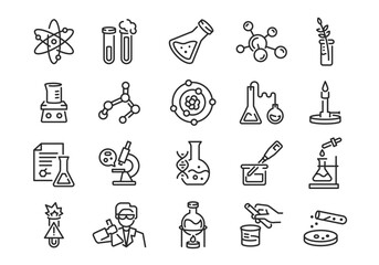 Chemistry icons. Set of 20 chemistry trendy minimal icons. Atom, Microscope, Flask, Molecule, Testtube icon. Design signs for web page mobile app packaging design. Vector illustration