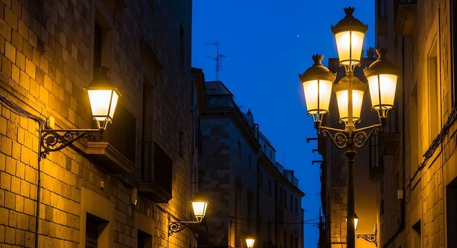Illuminated street lamps in a narrow alleyway at dusk in Barcelona, Spain.