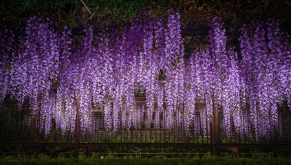 Naklejka premium Stunning purple and pink wisteria trellis illuminated at night, seasonal change