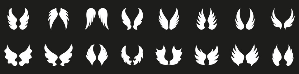Symmetrical Angelic Wings Solid Icon Set. Collection Of Paired Wing Shapes. Spiritual Ascension, Celestial Flight, Protection, And Mythological Freedom Symbol. Isolated Vector Illustration
