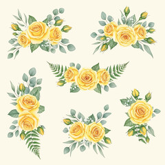 Watercolor Yellow Rose and Eucalyptus Floral Arrangements Set