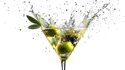 green olive splashes into the water in glass isolated on white background 