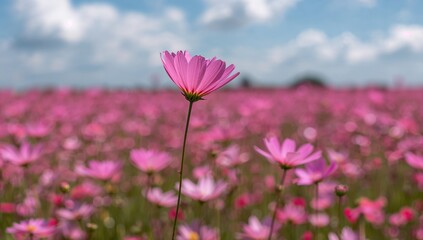 Soft pink petals of a blooming cosmos in a floral field