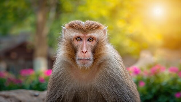 Barbary macaque at the zoo during summer, focus on animal behavior - Powered by Adobe