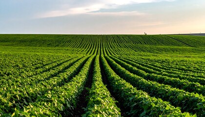 Rows of lush, green plants stretch across a vast field under a bright sky, highlighting agriculture and nature