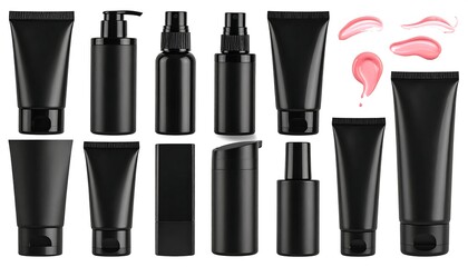 Obraz premium Set of matte black, unlabeled cosmetic containers & swatches on white