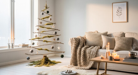 Minimalist living room with rustic Christmas tree and cozy decor, creating a warm and inviting atmosphere for the holiday season.
