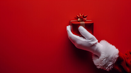 Santa Claus hand holding a Christmas present on a red background.