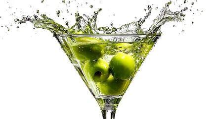 green olive splashes into the water in glass isolated on white background 
