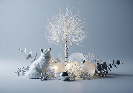 Peaceful Winter Scene with White Tree, Glowing Ornaments, and Fox Figurine
