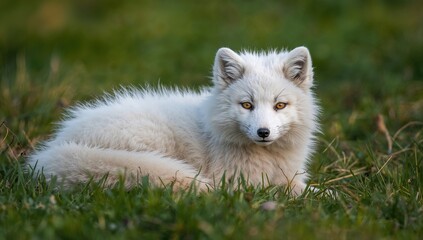 Naklejka premium Arctic fox resting on green grass during summer, highlighting the beauty of wildlife preservation