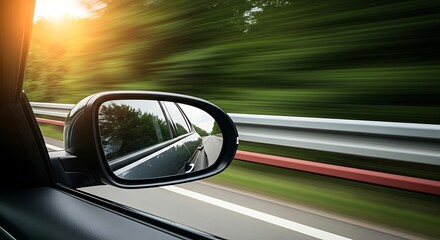 Fototapeta premium View from car window showing side mirror and blurred trees during sunset