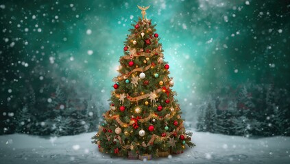 Obraz premium Christmas Tree adorned with ornaments, seasonal cheer, vibrant hues, festive atmosphere, holiday spirit