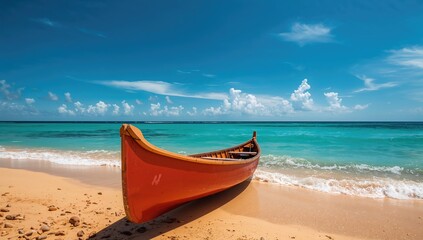 Canoe abandoned on sandy shore, ideal for summer getaway, travel reflection